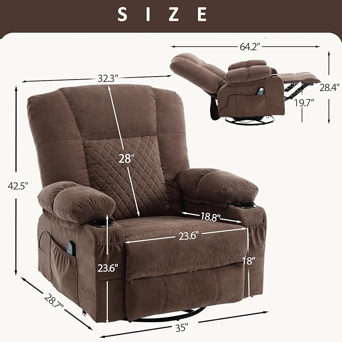 Oversized Rocker Recliner Chair with Massage and Heat Overstuffed Fabric Swivel Recliners Lounge Chairs for Adults Manual Home Theater Recliner with Cup HoldersUSB Charge PortBrown