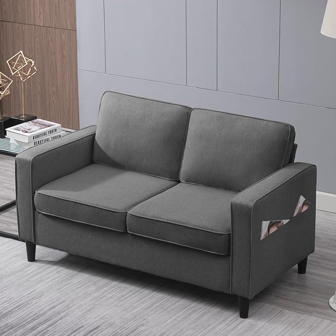 54.7 Loveseat Sofa for Small Spaces 2 Seat Modern Fabric Love Seat Mini Couch With Armrest Pockets Living Room Furniture Dark Grey
