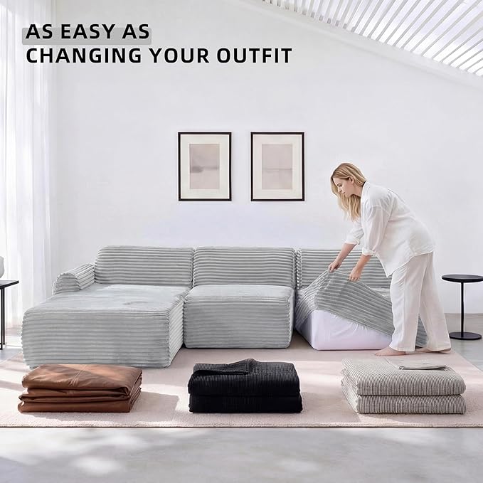 105”Cloud Couch Sectional Sofa Modular Boneless Sofa for Living Room and Apartments Deep Seat Corduroy L Shape Couch with Removable Washable Covers (Light Gray 3 Seater+Left Facing Chaise)