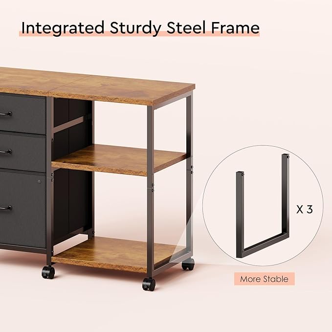 3 Drawer File Cabinet with Wheels Rolling Printer Stand with Open Storage Shelf Fabric Lateral Filing Cabinet for Home OfficeRustic Brown