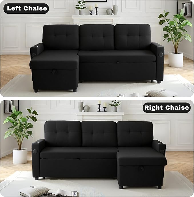 82 Pull Out Sofa BedL-Shape Modern Sleeper Sofa Upholstered Sectional Couch with USB Port and Side Pockets for Living RoomGuest Room (Black)