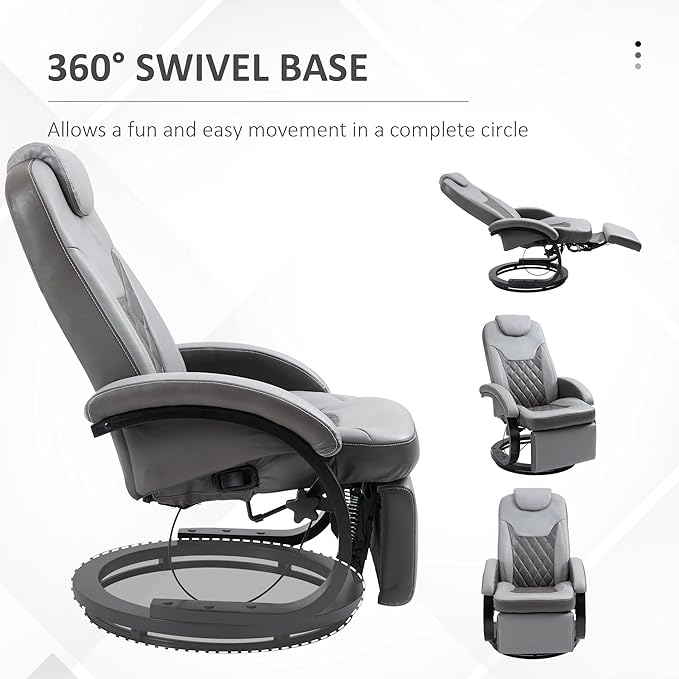 HOMCOM Faux Leather Manual Recliner Adjustable Swivel Lounge Chair Armchair with Footrest and Round Base for Living Room Gray