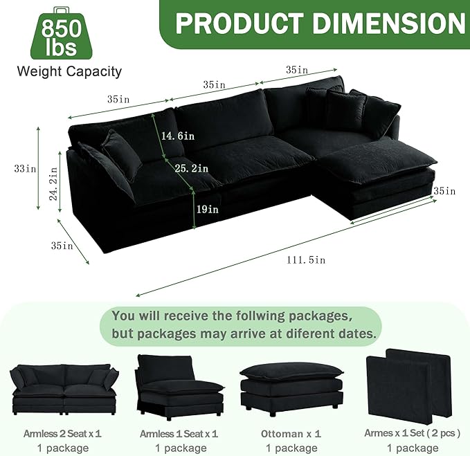 Spacious Modular Sectional Sofa with Movable Ottoman - Oversized 3-Seater Deep Seat Couch for Living Room Apartment - Flexible L-Shape Configuration for Family Gathering or Guest Bed (111.5 inch-L)
