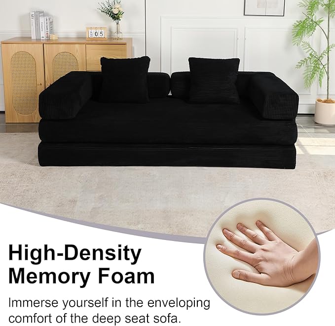 Convertible Sleeper Sofa Bed Compression Folding Sofa with Pillow No Assembly Required Shape Frame Floor Sofas Lounge Couch for Living Room Bedroom Small Spaces(Corduroy 77''W Black)