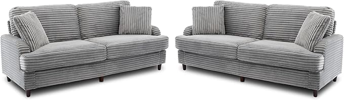 80 Inch 2 Sets Sofa Couch Comfy Love Seat Couches for Living Room Mid Century Modern Oversized Two Seater Couch Plush Corduroy Deep Seat Sofas for Bedroom Small Space Apartment Light Grey