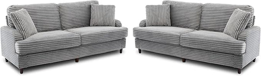 80 Inch 2 Sets Sofa Couch Comfy Love Seat Couches for Living Room Mid Century Modern Oversized Two Seater Couch Plush Corduroy Deep Seat Sofas for Bedroom Small Space Apartment Light Grey