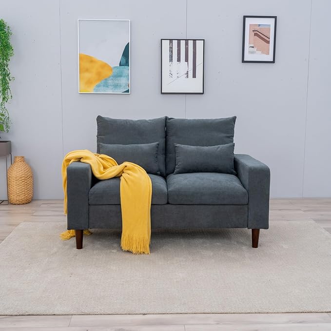 Panana Upholstered Modern Loveseat Sofa Couch for Living Room Fabric Love Seat w/ 2 Pillows and Wooden Legs 2 Seater Sofa Couches for Small Spaces Bedroom Apartment (Grey 2 Seater)