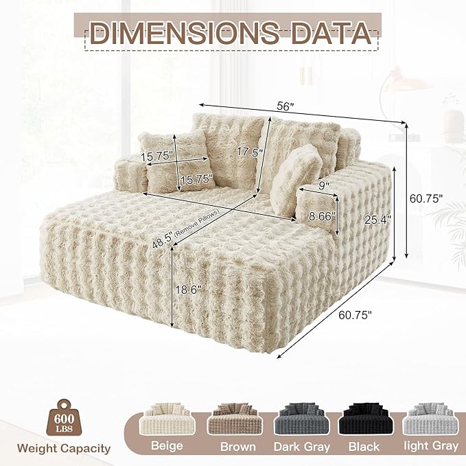 56 W Oversized Chaise Lounge Chair IndoorPlush Faux Fur Sleeper Couch Sofa Bed with PillowsFluffy Comfy Cloud SofaCompression Foam Boneless Couch for Living RoomBedroom(Bubble Beige)