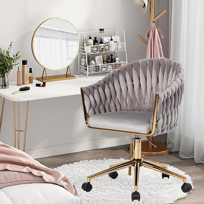 Velvet Office Chair with Hand Woven Back Vanity Desk Chairs with Golden Wheels Swivel Home Office Desk Chair Accent Makeup Desk Chair for Bedroom Living Room(Grey)
