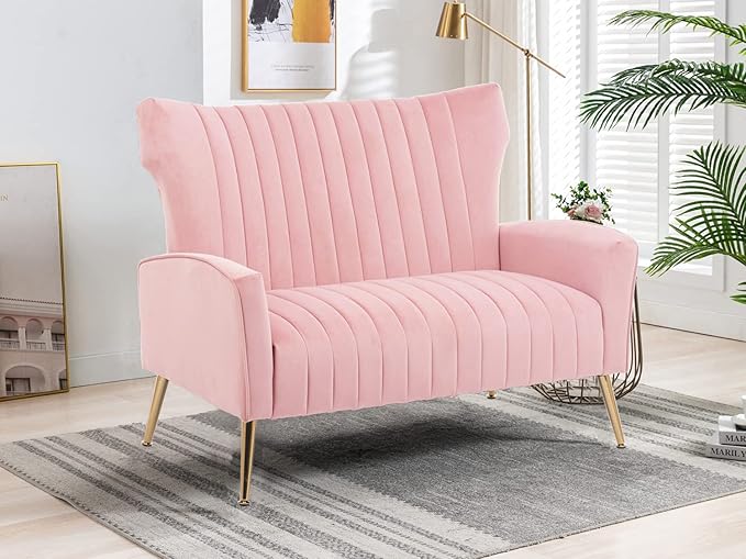 Velvet Couch Modern Wingback Loveseat Tufted Luxury Sofa with Gold Legs for Living Room/Bedroom Light Pink