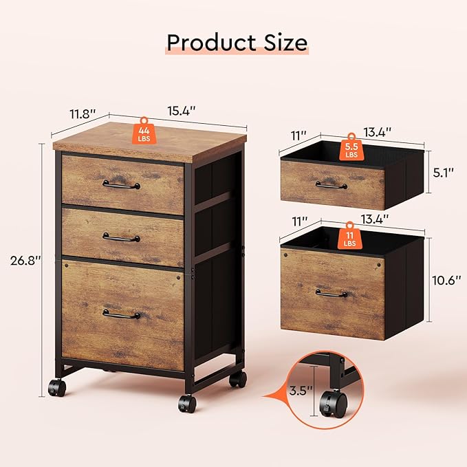 3 Drawer Mobile File Cabinet with Wheels Fabric Vertical Filing Cabinet fits A4 or Letter Size for Home OfficeRustic Brown2