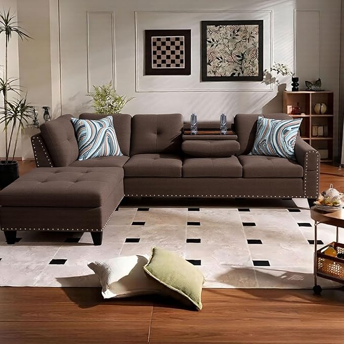 Modular Sectional Sofa with Cup Holders L Shaped Sectional Couch with Chaise and Adjustable Backrest Modern Linen Fabric Couch for Living Room Apartment Small Space Brown