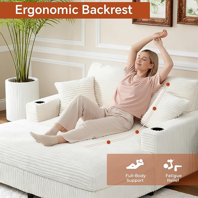 65 Oversized Chaise Lounge Chair Indoor Upholstered Sofa Bed with Pillows &amp 2 Cup Holders Sleeper Couch Comfy Corduroy Recliner Chair for Living Room Movie Room Bedroom White