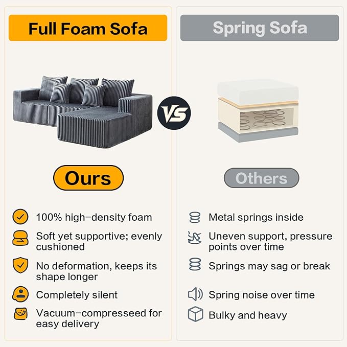 Boneless Couch 101 Cloud Sectional Sofa with L Shaped Chaise Deep Seat Sofa in a Box with 3 Modular Sections Modern Corduroy Comfy Couch for Living Room Grey