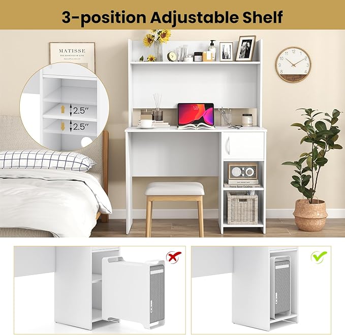 Giantex White Desk with Hutch Small Computer Desk with Bookshelf &amp Adjustable Shelf 2 Cable Holes Modern Laptop PC Computer Workstation Study Writing Desk for Small Spaces Bedroom Home Offic