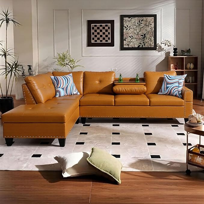 L Shape Sectional Couch with Chaise 97.5 Inch Modular Sofa with Cup Holders Sectional Couches for Living Room Ergonomic Reclined Backrest for Office and Small Apartment Ginger