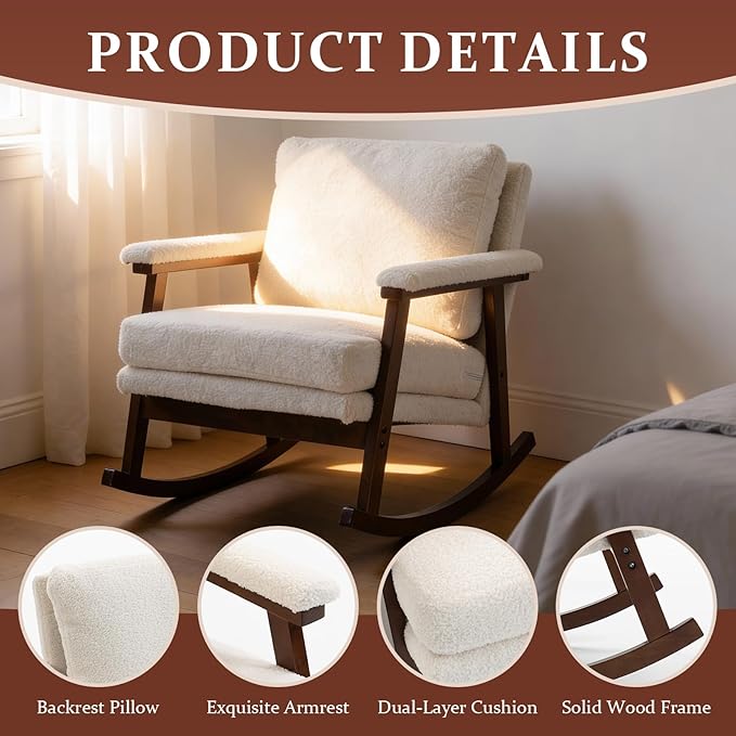 Rocking Chair for Nursery Living Room &amp Bedroom Upholstered Accent Chair with Solid Rubberwood Frame Cozy Reading Chair for Small SpacesWhite