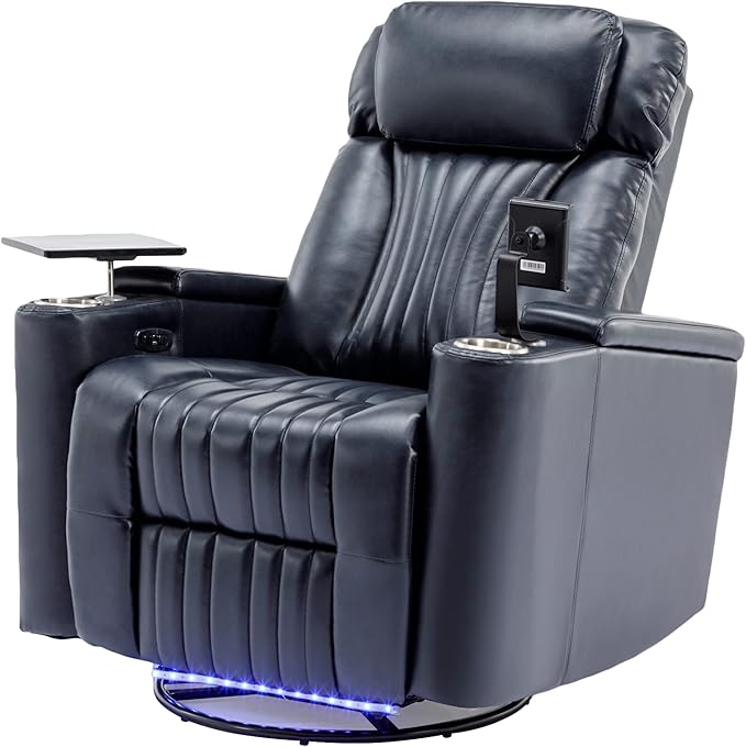 Recliner Chair 270° Power Swivel Recliner Chair with 360° Swivel Tray Table and Cell Phone Holder Cup Holder Home Theater Seating with Hidden Arm Storage Soft Living Room Chair (Blue/27)