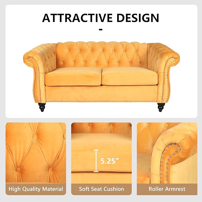 AVZEAR Chesterfield Loveseat Modern Velvet Sofa Tufted Couch 2 Seater with Scroll Arms and Nailhead for Living Room Bedroom Office Apartment Yellow