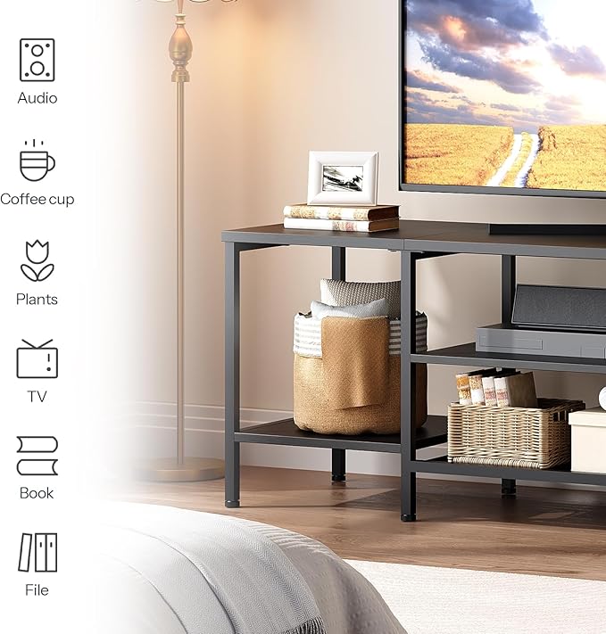 HOOBRO TV Stand with Power Outlets to 65 Inches TV Console Table with Open Storage Shelves Industrial Media Entertainment Center for Living Room Bedroom Black BB40DS01