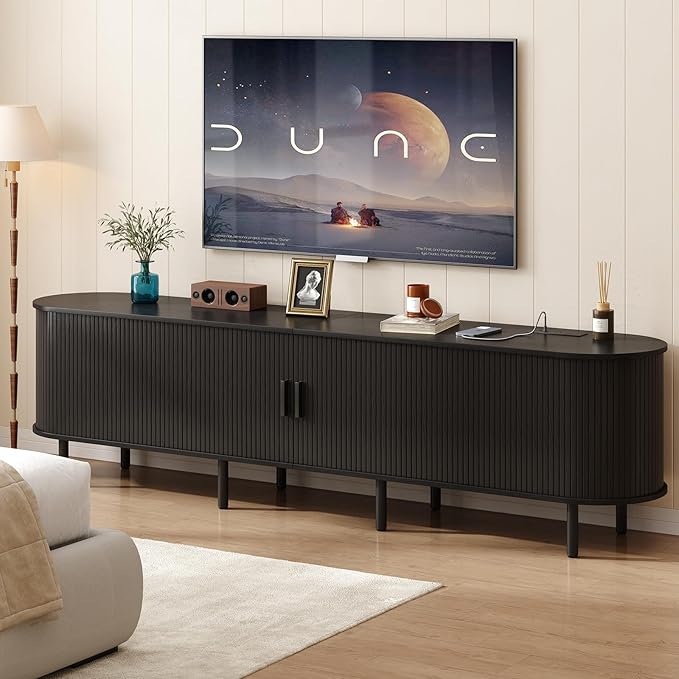 ONBRILL 86.6 TV Stand with Power Outlet for TVs up to 90 Inch Entertainment Center with Storage and Adjustable Shelves Modern Media Console with Sliding Doors for Living Room Black