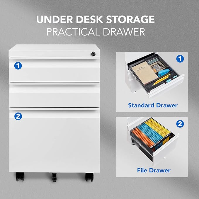 FLEXISPOT Mobile File Cabinet for Home Office Under Desk Storage with Lock Keys 3 Drawer File Cabinet for Legal/Letter/A4 File White