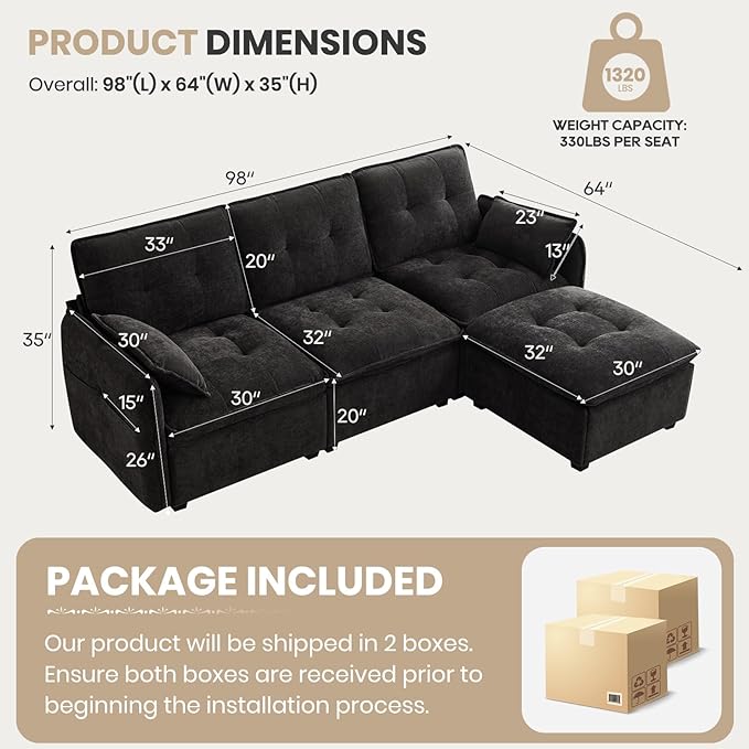 98'' Modular Sectional Cloud Couch with Movable Ottoman 3-Seater Chenille Deep Seat Sofa with Throw Pillows L Shaped Sectional Couches for Living Room Apartment(Black 3-seat)