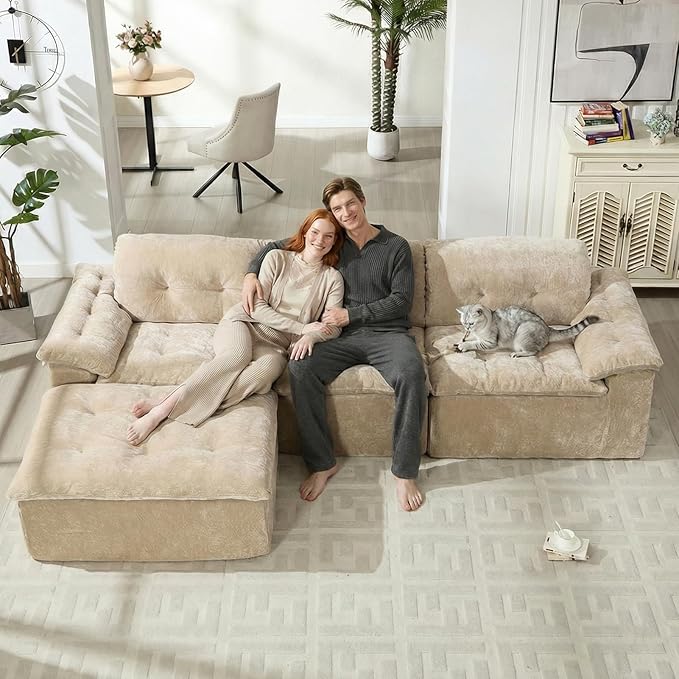 157 Cloud Sectional Couch Deep Seat Boneless Sofa for Living Room with U-Shaped Chaise Comfy Chenille Modular Sofa No Assembly Required (Coffee 118 L Shape with Left Facing Chaise)