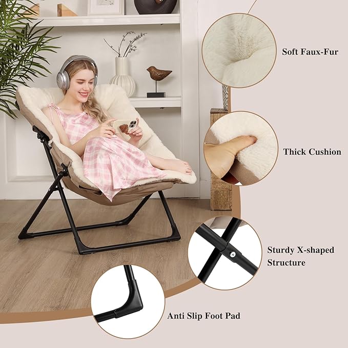 Comfy Saucer Chair for Adults Soft Faux Fur Bedroom Chair with Ottoman Accent Dorm Chairs Living Room Reading Chairs and Footstool Folding Seat for Teens X-Large Beige
