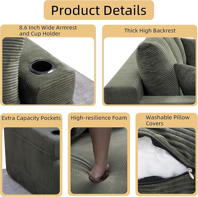 87 Modern 3-Seater loveseat Sofa Comfy Deep Seat Boneless Couch with Plush Corduroy Fabric Built-in Cup Holders &amp Side Storage Pockets for Living Room Bedroom and Apartment