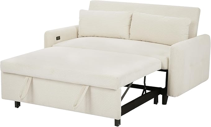 Pull-Out Sofa Bed Convertible Couch 2 Seat Loveseat Sofa Corduroy Fabric Upholstered Sleeper Sofa with 2 Throw Pillows and USB Ports for Living Room Office Apartment (Beige)