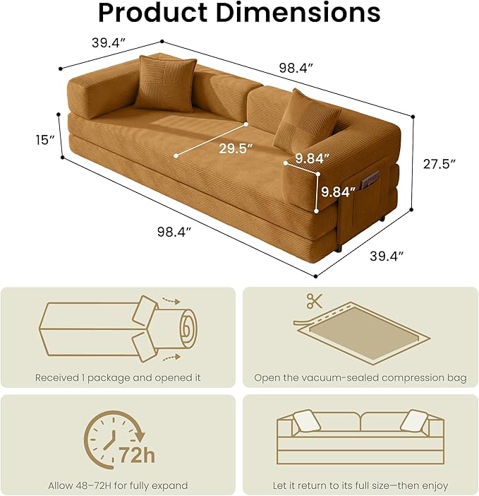 Convertible Floor Sofa Couch | 98.4’’ Folding Futon Sofa with Storage Pocket Oversized Corduroy Loveseat Sleeper Sofa with Pull Out Bed Modular Sectional Sofa for Apartment | Yellow