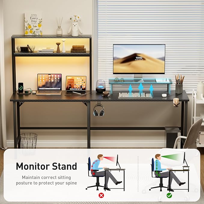 HLDIRECT L Shaped Gaming Desk with LED Light &amp Storage Shelves 67 Inch Reversible Computer Table with Power Outlet Corner Game Desk with Hutch &amp Monitor Stand Home Office Black
