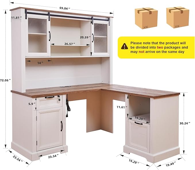 60 Farmhouse L-Shaped Executive Desk with HutchSecretary Desk with HutchCharging StationLockable Drawer Adjustable File Cabinet &amp Shelves for Home Office