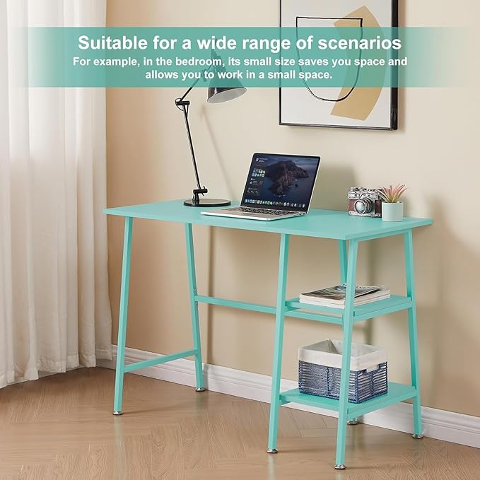 VECELO 43 Inch Computer Desk Writing Study Work Office Table Modern Desk with Shelves Wooden Desk for Home BedroomBlue Desk