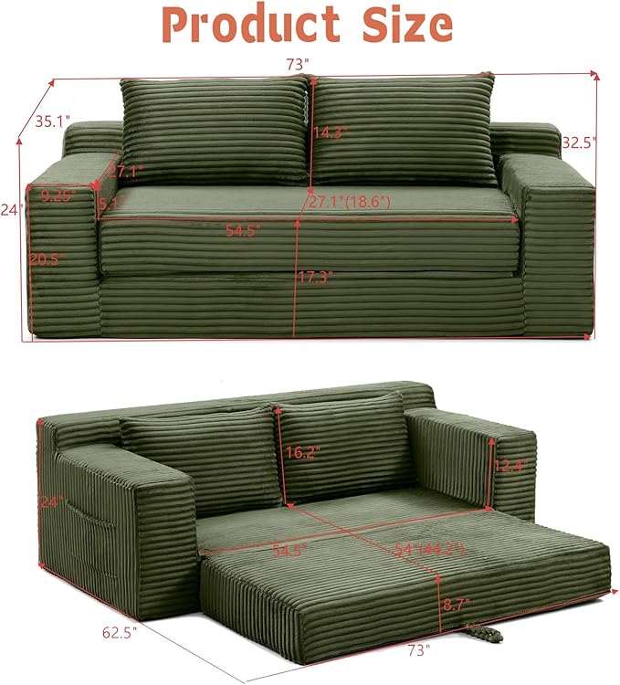 73 Boneless Loveseat Couch 2 in 1 Pull Out Sleeper Sofa with Side Pockets &amp 2 Pillows Folding Convertible Corduroy Floor Couch for Apartment Living Room Bedroom No Assembly(Green)