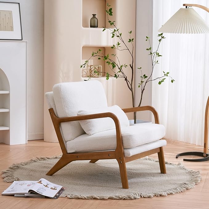 Mid-Century Armchair with Solid Wood FrameLiving Room Chair with Extra-Thick Padded Backrest and Seat CushionSingle Sofa Chairs with Non-Slip Feet105° Slop BackTeddy Accent Chair for ClubOffice