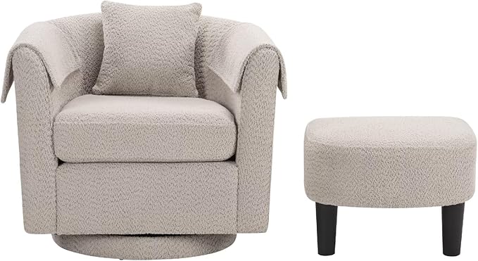 Swivel Accent Chair with Ottoman Modern Chenille Comfortable Bucket Chair with Removable Pillow Small Couch Barrel Armchair for Small Spaces Living Room Bedroom Office (Gray)