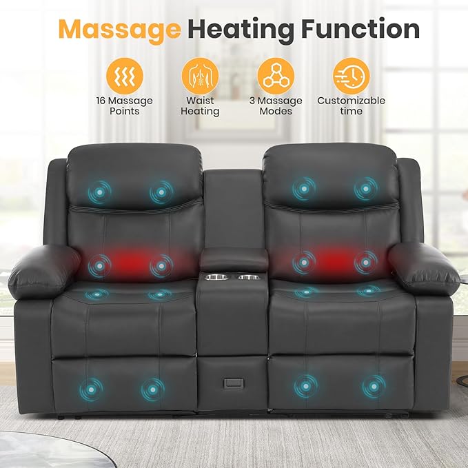 Loveseat Recliner Sofa with Massage &amp Heating Reclining Loveseat with Console RV Wall Hugger Double Loveseat Recliner Couch for Living Room &amp Home Theater (Grey)