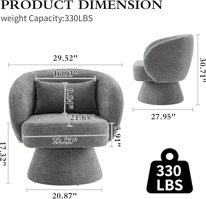 Swivel Accent Chair Sherpa Bucket Chair Velvet Upholstered Armchair 360° Swivel Bucket Shaped Armchair with Pillow and Round Back for Living Room Bedroom Nursery (Gray)