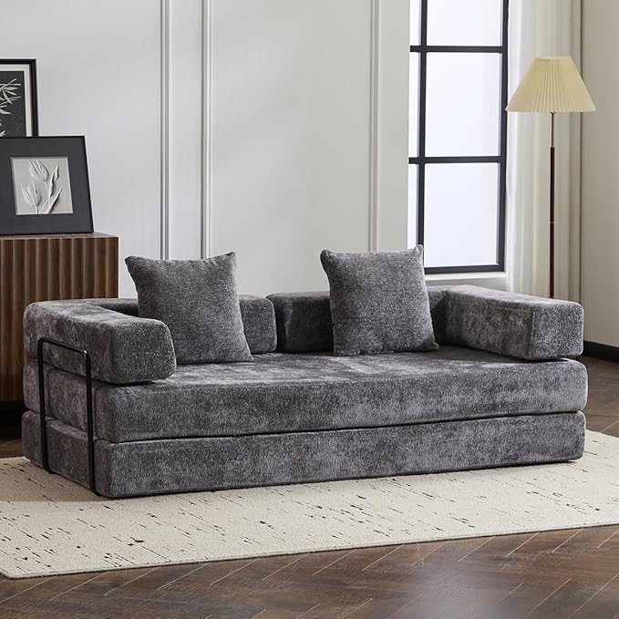 4-in-1 Convertible Folding Sleeper Sofa Bed Fold Out Floor Sofa Couch with Fixed-Shape Frame Cloud Corduroy Foldable Mattress Couch for Living Room Bedroom (78.5 Chenille Dark Grey)