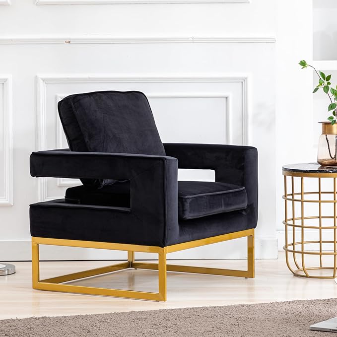 HEAH-YO Modern Accent Chair Set of 1 Upholstered Velvet Living Room Chair with Armrests Comfy Small Side Arm Chair with Gold Metal Legs for Bedroom Black