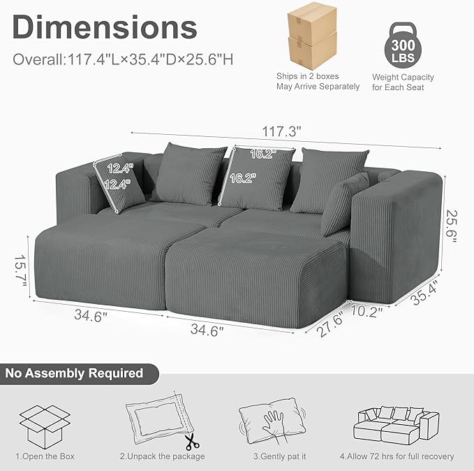 Redlife 117” Modular Sectional Sofa with Ottoman L Shaped Modular Couch Large Sectional Couches Corduroy Combination Sofas for Living Room Apartment Bedroom No Assembly Required Gray