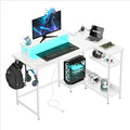DEVAISE 47 Inch L Shaped Gaming Desk with LED Lights &amp Power Outlets Corner Desk for Small Spaces Sturdy PC Computer Table with Storage for Home Office White