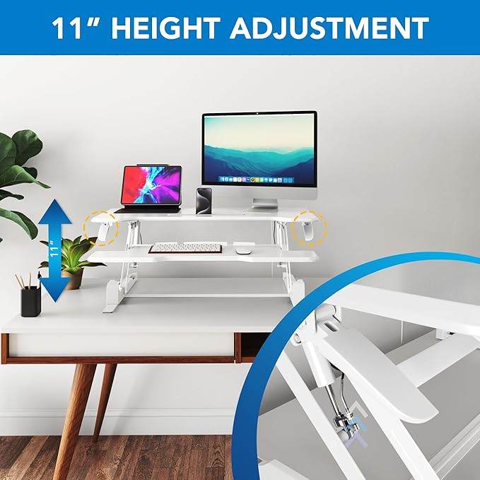 Mount-It! Standing Desk Converter White 38” Wide Height Adjustable Stand Up Desk Riser Desk Topper with Gas Spring Desktop Standing Desk with Keyboard Tray Fits Two Monitors