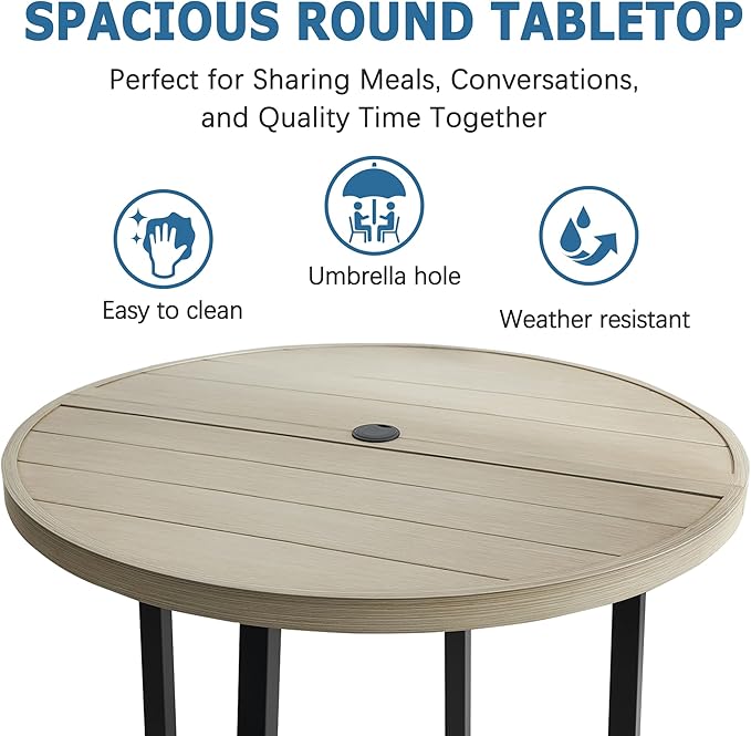 42 Round Patio Dining Table for 4 All-Weather Metal Patio Table with Umbrella Hole Outdoor Round Dining Table for Lawn Garden Porch Honey Oak