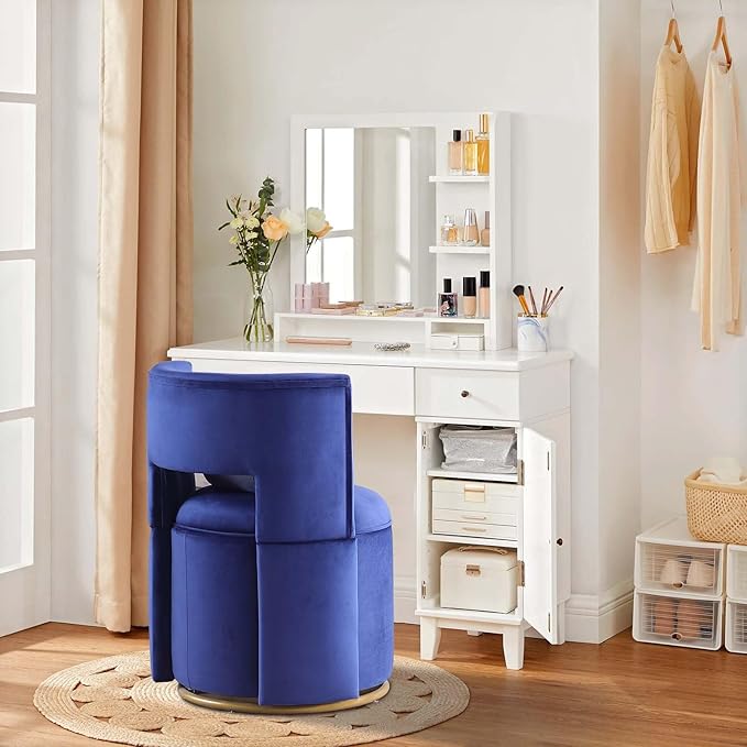 Vantiy Chair with Storage Round Velvet Chair with Tufted Button and Hollowed Back Back Cushion Included (Blue)