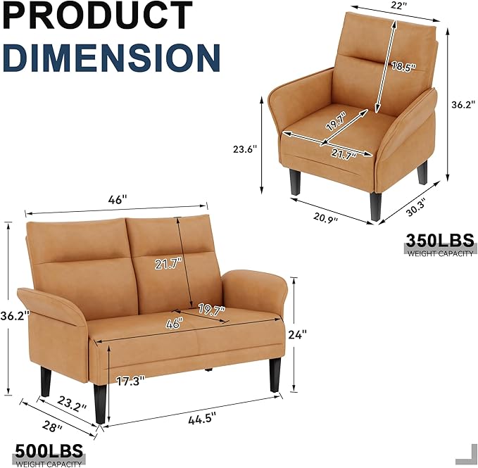 Yongchuang 2 Piece Sofa Sets for Living Room Brown Faux Leather Loveseat Sofa Couch and Accent Chair Modern Small Couch and Armchair Set