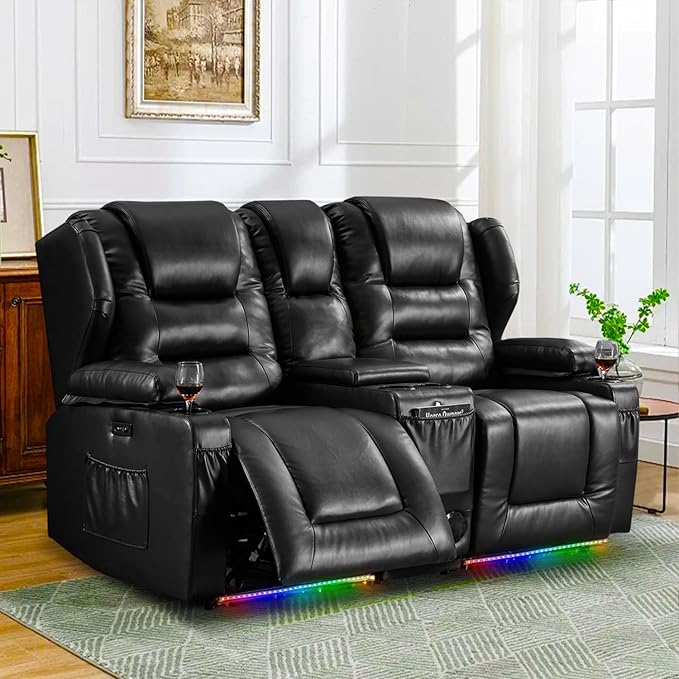 Loveseat Power Recliner Sofa Couch Electric Reclining Sofa Chair for Living Room with Multi-Function Console/Cup Holders/LED Ambient Light