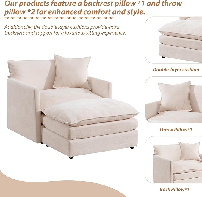 TTK Oversized Chaise Lounge Chair with Ottoman - 39.17 Wide Modern Sleeper Sofa for Living Room Bedroom &amp Office - Deep Seat Sectional Couch with Pillow Comfortable Reading Chair (Beige 39.17